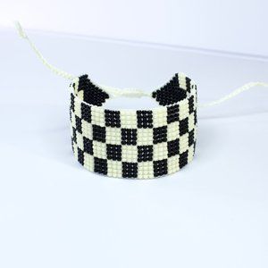 Checkered Bracelet, Beaded Bracelet, Black and White Checkerboard, Seed Bead
